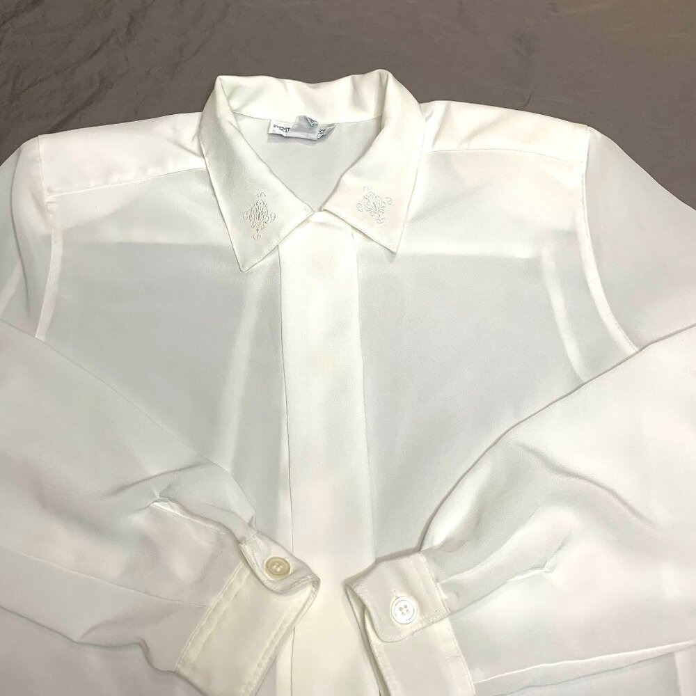 Vtg 80s Principles White Polyester Button Up Shirt Blouse Sz 14 Embroidered
